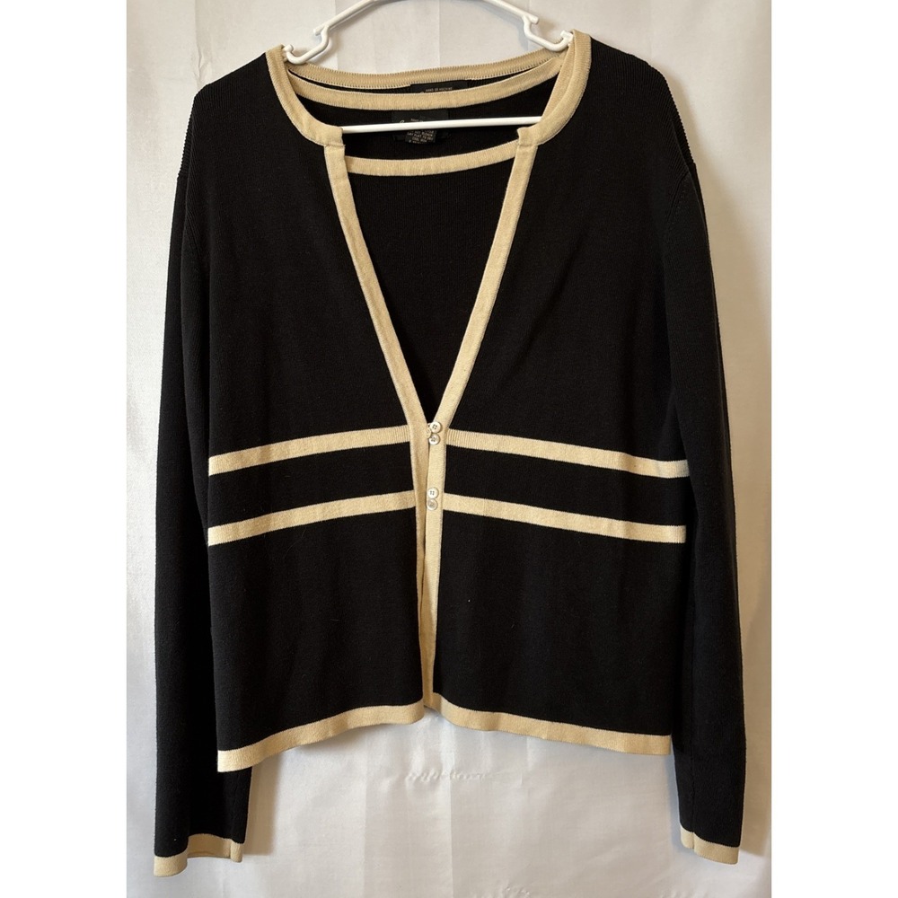 Sandra King 2 Pc Black Cardigan & Tank Top Knit‎ Sweater  Tan Trim Preppy Classy
